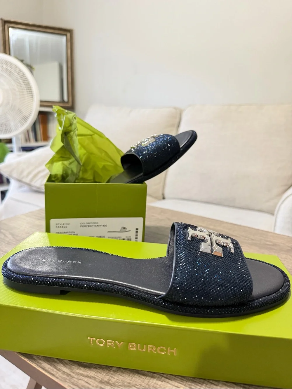 Tory Burch Navy Glitter Logo Slide Sandals